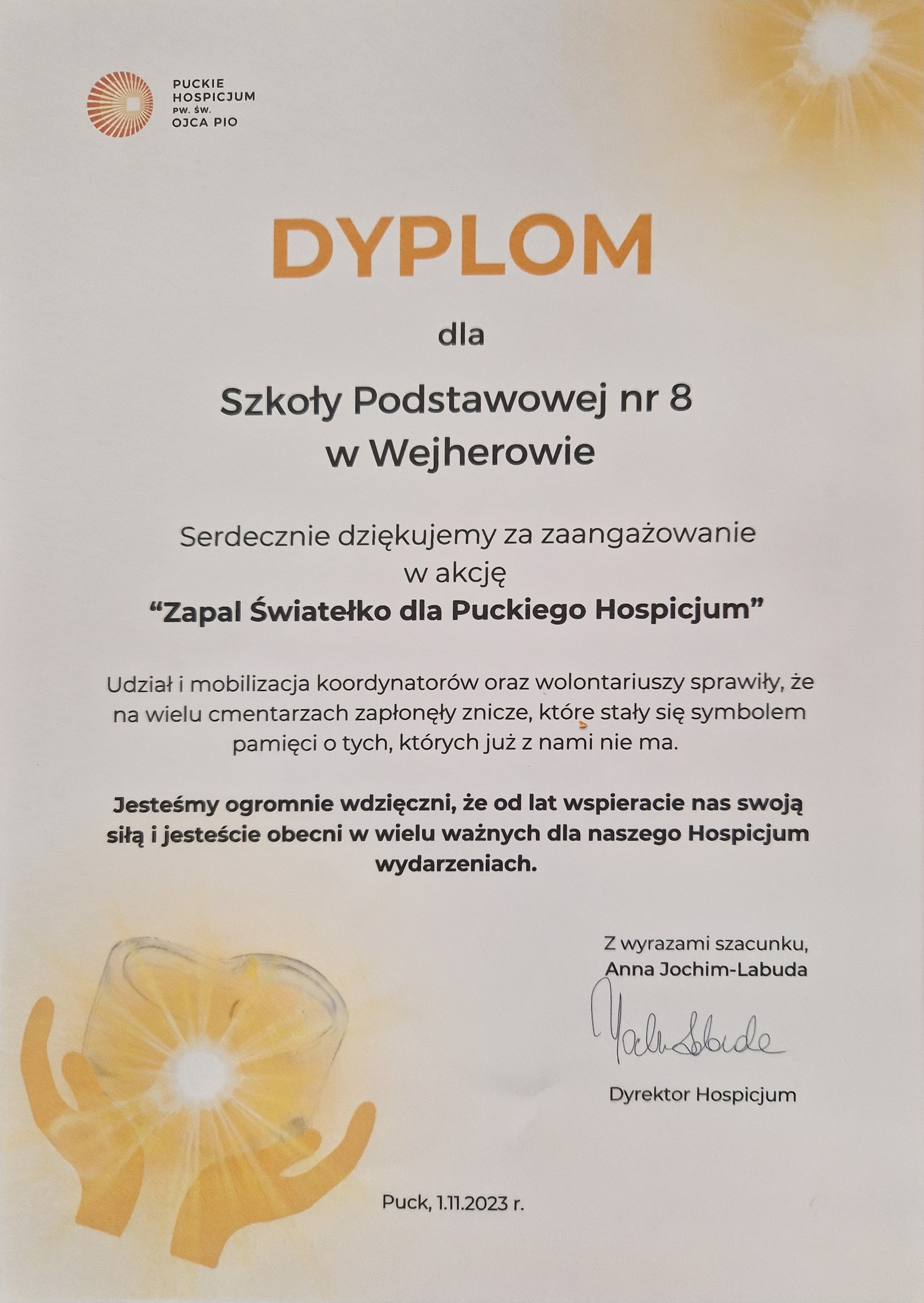 dyplom z podziękowaniem dla naszej szkoły