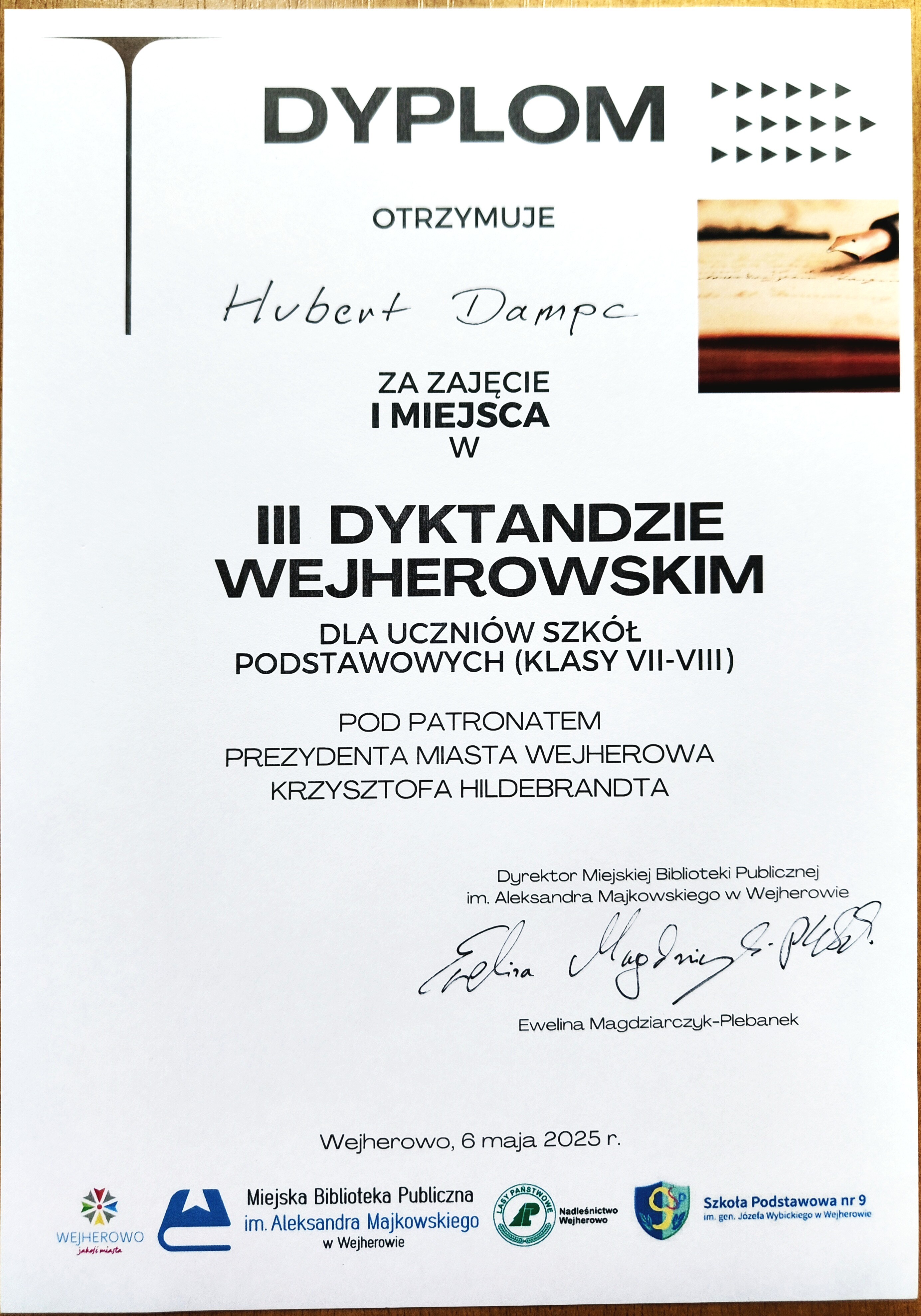 dyplom za zajęcie I miejsca